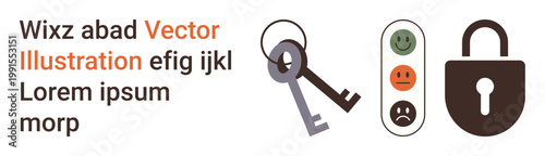 Cybersecurity, data protection, user access, online privacy, authentication, digital security. Keys, lock and feedback icons various states of satisfaction. Cybersecurity and data protection concept