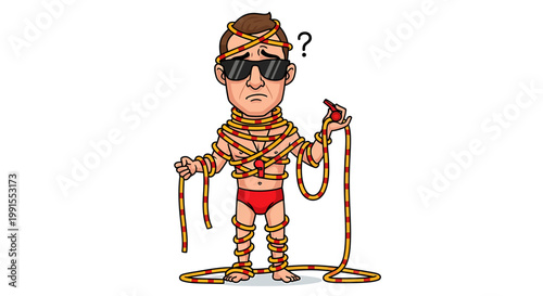 Confused man in sunglasses wrapped in rope holding whistle.