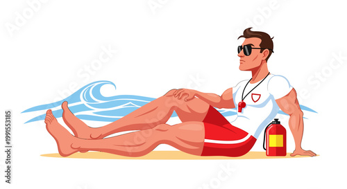 Lifeguard relaxing on the beach, observing the ocean waves.