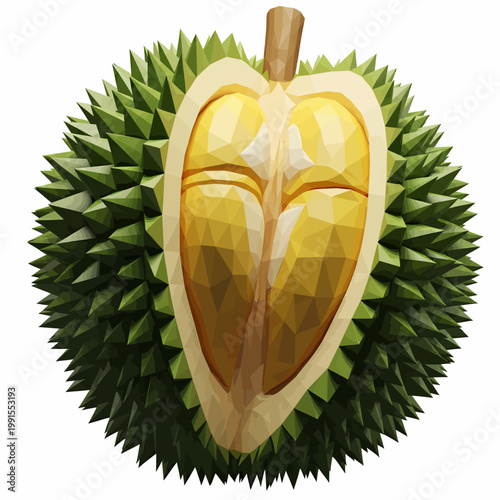 The durian fruit is cut open showing its creamy yellow flesh inside.