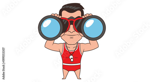 Cartoon Lifeguard Man Holding Binoculars Looking Out.