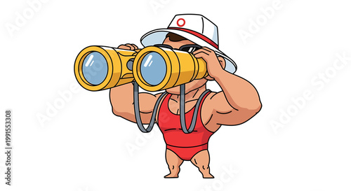 Cartoon Lifeguard With Binoculars Scanning the Horizon.