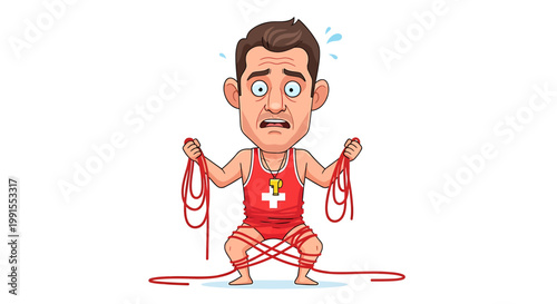 Cartoon Lifeguard Tangled in Red Rope Looking Stressed.