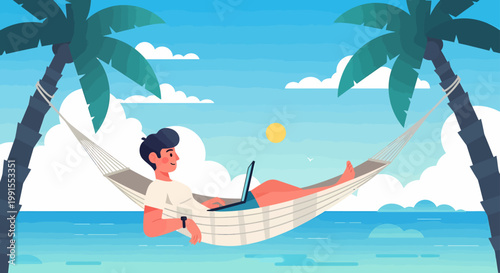 Man relaxing on beach hammock with laptop between palm trees