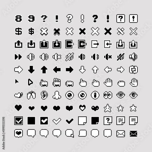 Pixel art UI icon set in retro 8-bit style featuring arrows, controls, cursors, symbols, hearts and interface elements design ideal for menu, button, app and game interface.