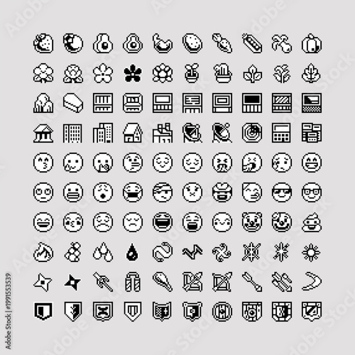 Pixel art icon set in retro 8-bit style, food, plants, buildings, emojis, weapons and game symbols, for UI, inventory systems, menus and indie game interfaces.