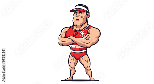 Strong Male Lifeguard Cartoon Character in Red Swimsuit and Visor.