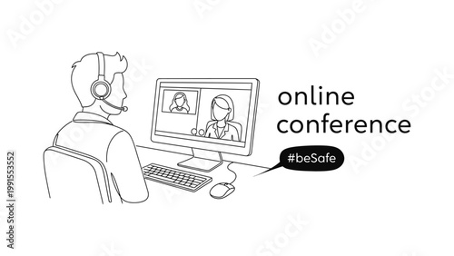 Man attending online conference on computer screen.