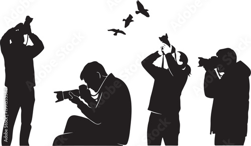 Photographer silhouettes, black and white, photography icons, vector illustrations