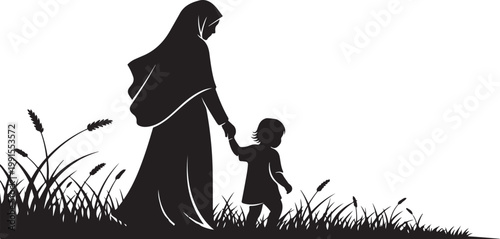 Black silhouette mother and child walking, holding hands, grassy landscape vector