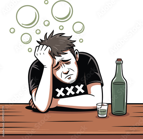 Drunk man sitting at table with bottle and glass vector illustration.
