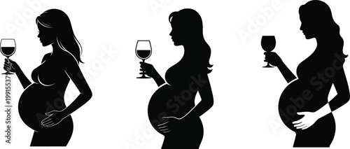 Pregnant women silhouettes with wine glasses vector illustration.
