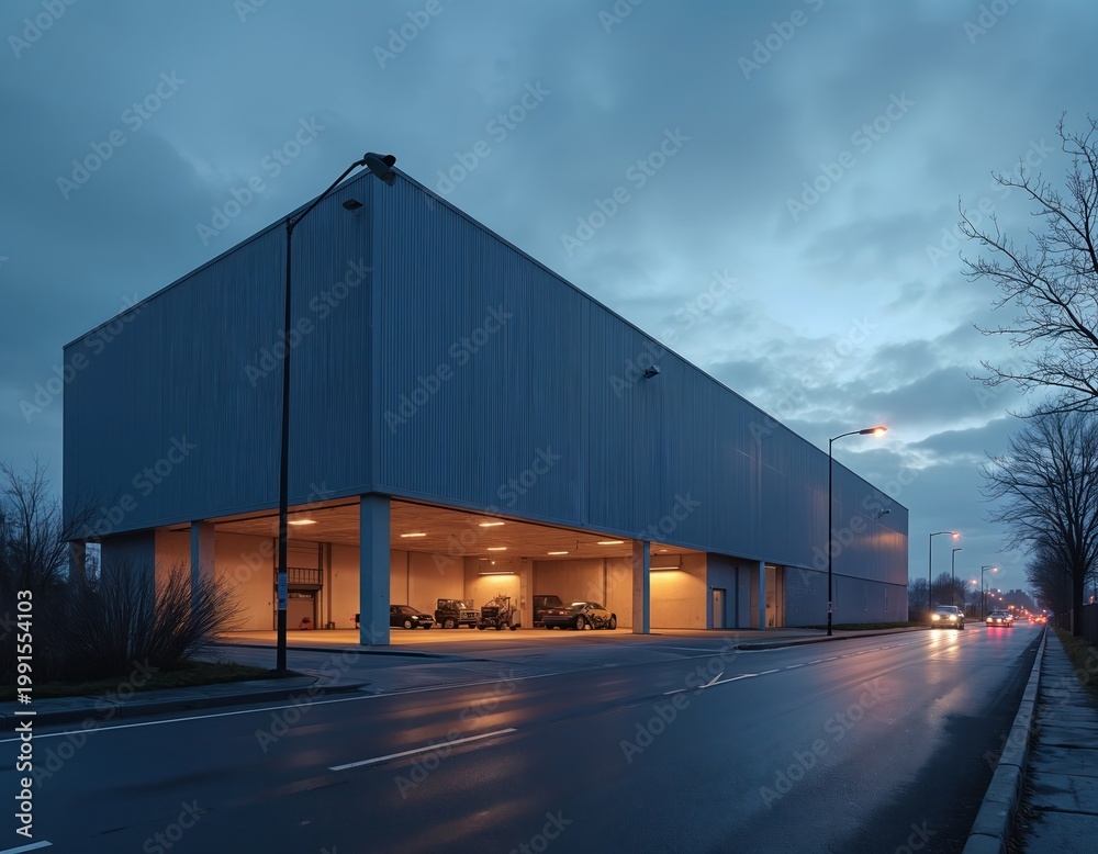 Obraz premium Modern industrial warehouse building facade exterior at dusk. Cars parked under building overhang. Road with streetlights reflects wet asphalt after rain. Sky clouds.