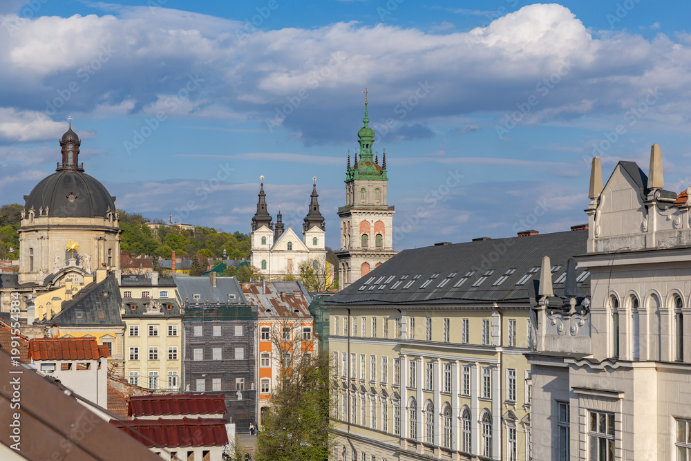 Fototapeta premium Skyline of Lviv old town with Dominican Cathedral and Assumption Church