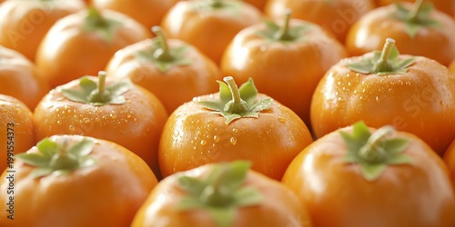 Close Up of Fresh Whole Persimmons with Green Calyces, Highlighting Fuyu and Hachiya Varieties