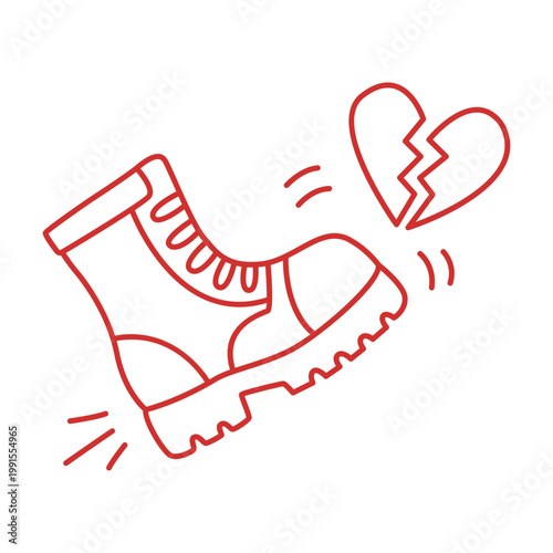 Red Boot Kicking Broken Heart Line Art Illustration