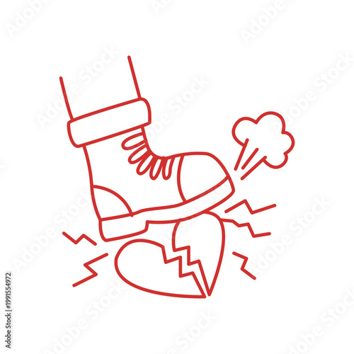 Red boot crushing a broken heart line art illustration