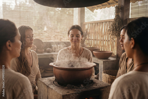 Women meditating around a steaming pot in a mindful circle inside a traditional room with a calm earthy mood