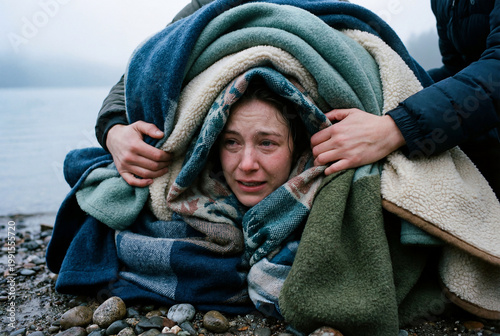 Woman wrapped in blankets while crying by the shoreline on a cold waterside with a somber overcast mood