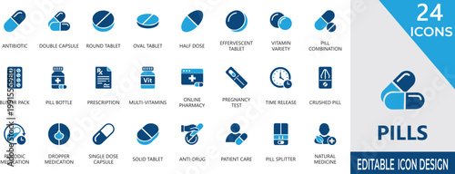Modern vector icons of medical pills, vitamins, capsules, prescription, treatment, medication, and medication bottles for pharmacy apps, healthcare web design, and biotech.