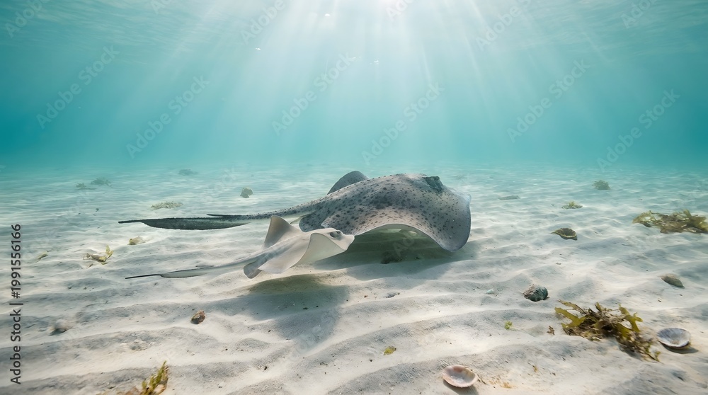 Fototapeta premium A stingray swims over sandy ocean floor with seaweed and rocks under sunlit water