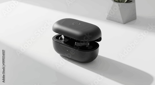 Black wireless earbuds sit in open charging case on minimalist surface with topographic line pattern in monochrome style