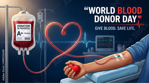 Blood donation awareness concept showing patient arm connected to medical bag with heart pulse line in hospital setting for global life saving healthcare campaign use