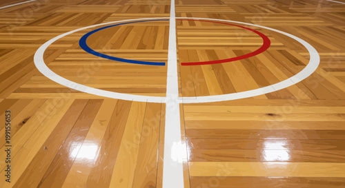 Cartoon style graphic of a basketball court floor with a center circle free throw lane and colorful team markings vector illustration