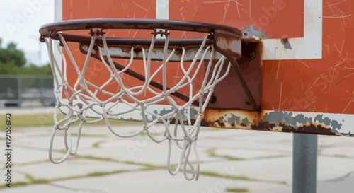 Close-up of weathered outdoor basketball hoop with tattered net orange backboard with peeling paint cartoon style rendering