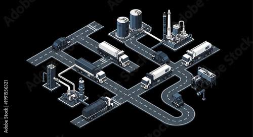 Isometric Cityscape Illustration with Roads Buildings and Infrastructure.