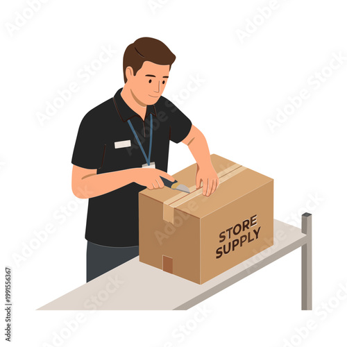 A man in a black shirt cuts through a cardboard box on a table.