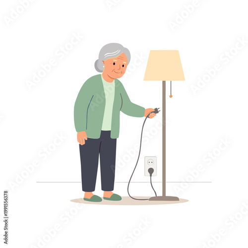 An elderly woman carefully plugs in a lamp indoors.