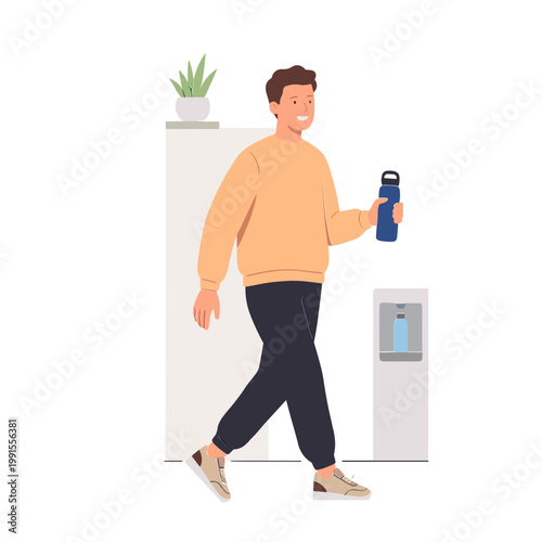 A man walks with a reusable bottle near an office water cooler