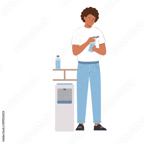A person uses a water filter to refill a bottle at an office water cooler.