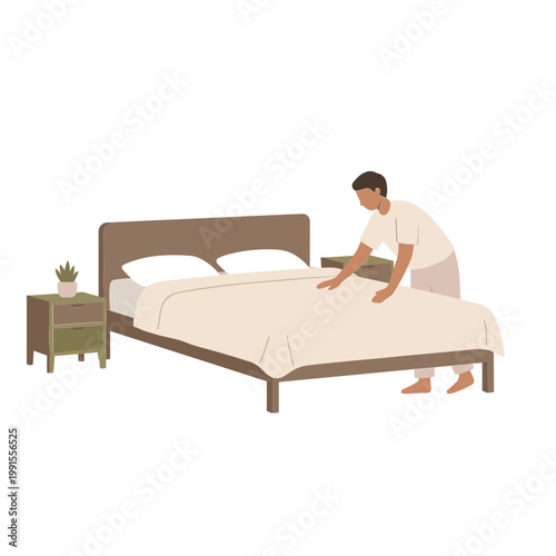 A man makes his bed in a bedroom with a nightstand and plant