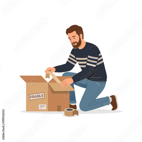 Man kneeling down and carefully opening a fragile cardboard box with tape