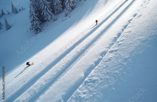 Two skiers ski down a snow covered mountain slope with groomed ski tracks. One skier in orange, another in dark clothes, enjoy winter sport. Snow covered trees on the side.