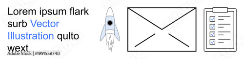 Productivity, communication, organization, startup planning, management, teamwork. Rocket, envelope and checklist icons with text. Communication and productivity concept with simple graphic visuals