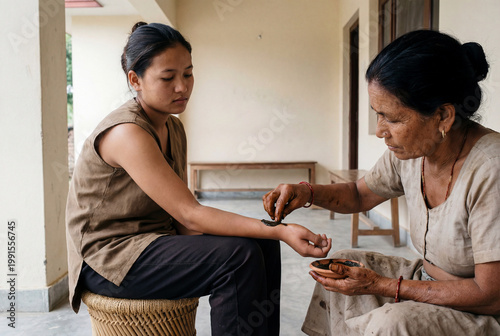 Woman receiving traditional arm therapy during a careful wellness treatment in a rustic outdoor setting with a calm attentive mood