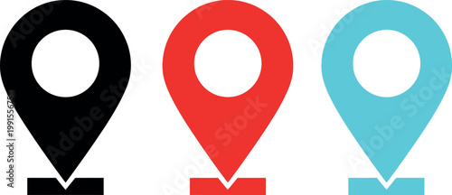 Three location pin icons in black red and cyan