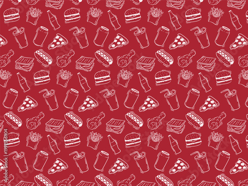 seamless pattern featuring hand-drawn illustrations of classic fast food items like burgers, pizza slices, hot dogs, fries, and sodas on a bold red background, perfect for culinary and snack branding
