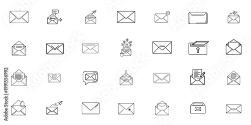 Hand drawn email and communication icons set with envelopes buttons and web symbols for messaging and business use