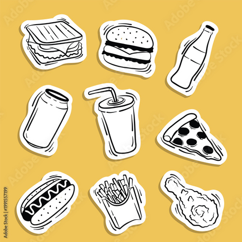 Playful concept design of hand-drawn fast food and beverage doodle sticker, perfect for illustrating quick meals, comfort eating, and snack culture with a vibrant, artistic touch