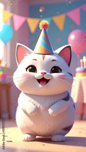 Cute White Kitten Wearing Party Hat 3d Illustration Happy Cat Celebrating Birthday With Balloons And Bunting In Colorful Room Interior