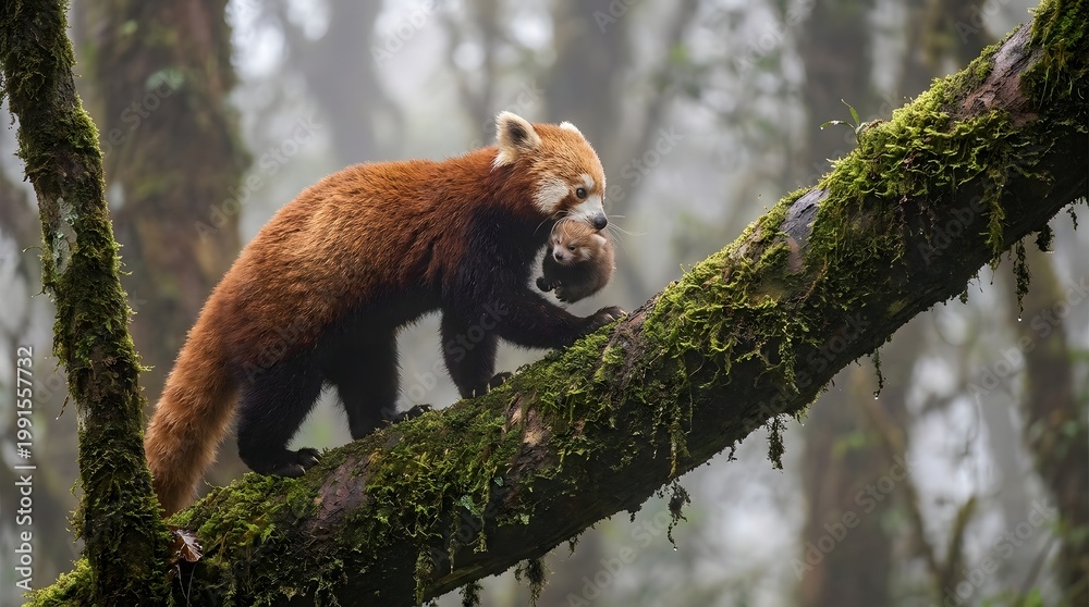 Fototapeta premium A red panda walks on a mossy tree branch in a forest.