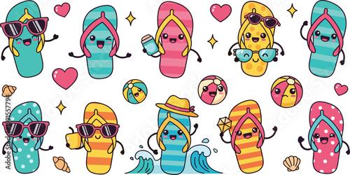 Colorful Flip Flops Collection Vector Set with Summer Sandals, Beach Footwear Icons, Various Sizes and Styles for Travel, Vacation, and Lifestyle Design