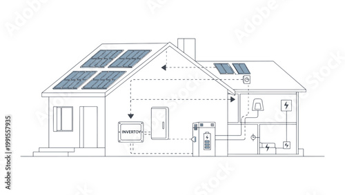 Home Solar Energy System with Battery and Inverter Vector Illustration