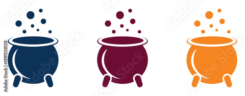 Colorful, magical cauldron icons with bubbling potion effects, vector illustration, fantasy brewing process, alchemy and witchcraft concept, mystical liquid symbols, flat vector graphics for games, 