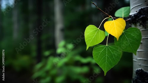 Yellow and green leaves on branch against forest backdrop