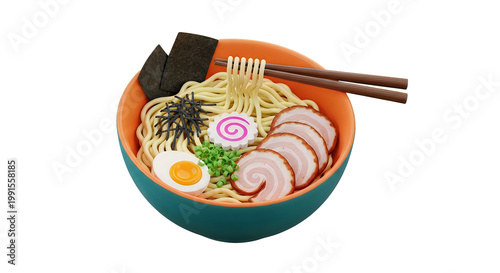 Delicious ramen bowl with noodles, egg, and meat slices, chopsticks on top, isolated on transparent background